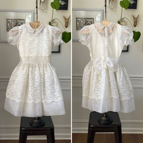 Vintage Girls Formal Dress White 7 8 First Communion Flower Girl - Picture 1 of 11